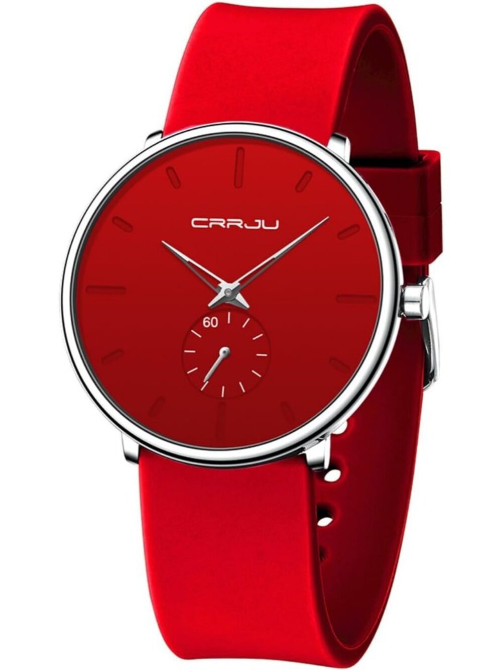 Crrju Men's Red Stylish Waterproof Quartz Unisex Ultra Silicone Band Round Watch